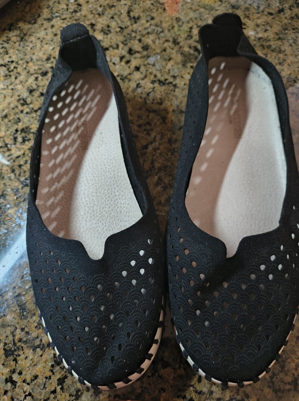 Ilse Jacobsen Black Laser-Cut Slip-On Flats with White Trim